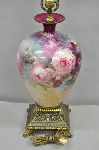 Antique French Paris Porcelain Hand Painted Flowers Bulbous Vase Table Lamp