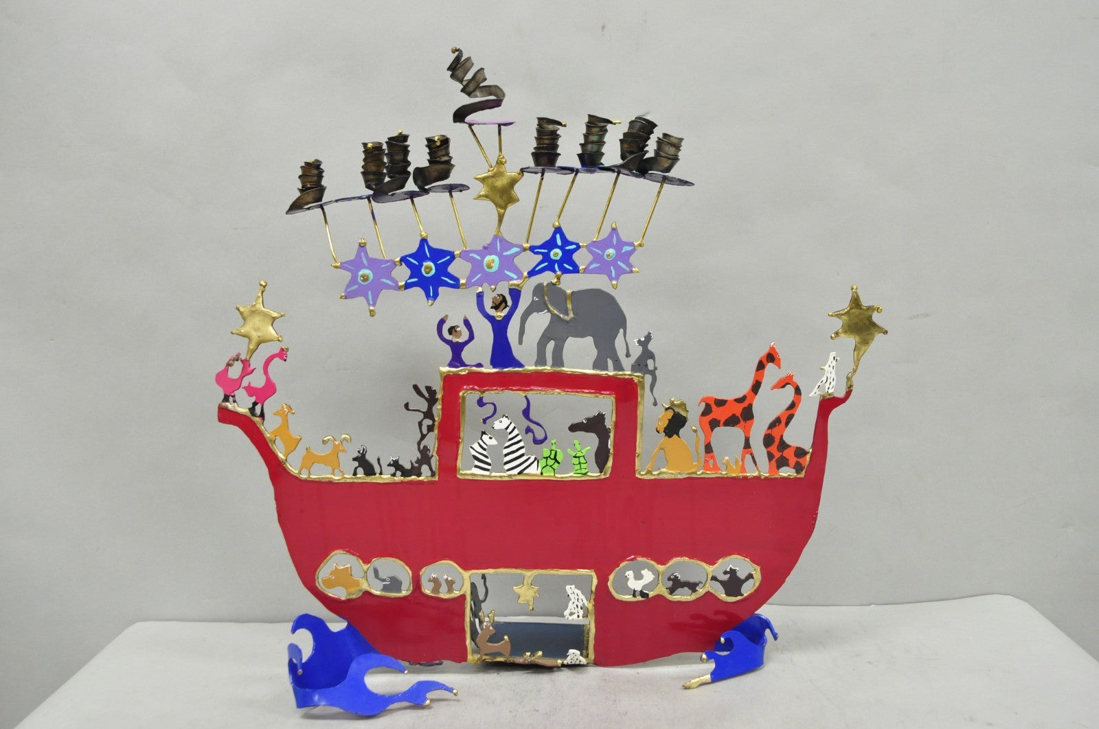 Modern Noah's Ark Cut Steel Judaica Art Hannukah Menorah Candelabra Sculpture