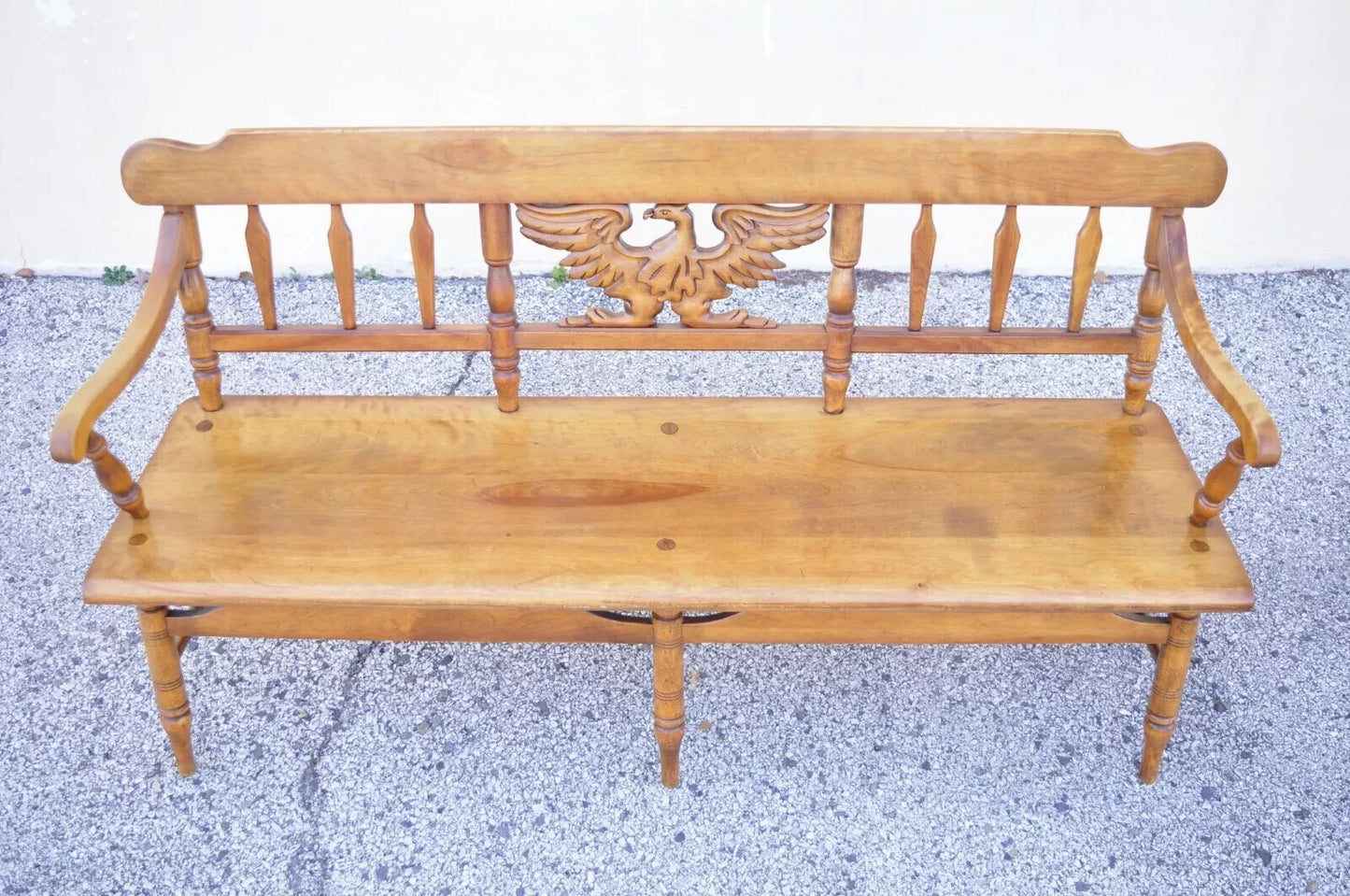 Vintage Cushman Maple Wood Carved Eagle Back Colonial Settee Deacons Bench