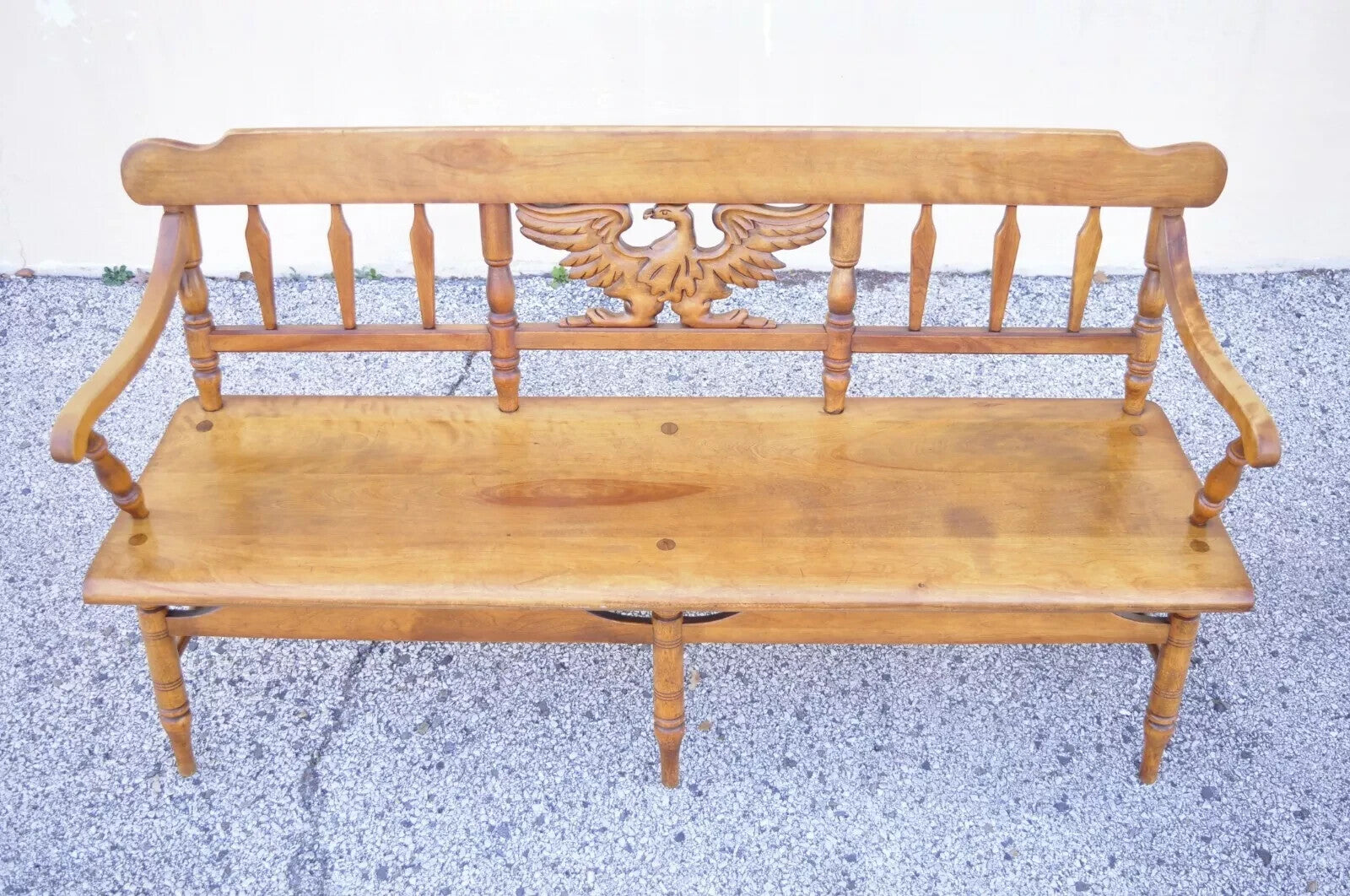 Vintage Cushman Maple Wood Carved Eagle Back Colonial Settee Deacons Bench