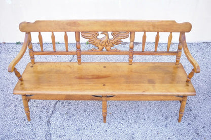 Vintage Cushman Maple Wood Carved Eagle Back Colonial Settee Deacons Bench