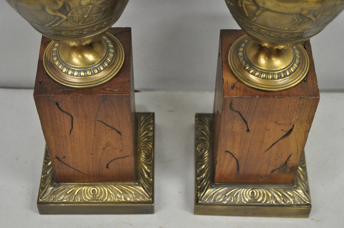 Vintage French Neoclassical Horse & Chariot Bronze Finish Urn Table Lamps a Pair