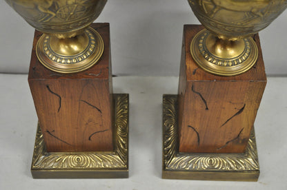 Vintage French Neoclassical Horse & Chariot Bronze Finish Urn Table Lamps a Pair