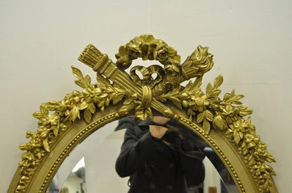 Antique French Louis XVI Style Gold Gilt Torch Flame Gesso Oval Wall Mirror