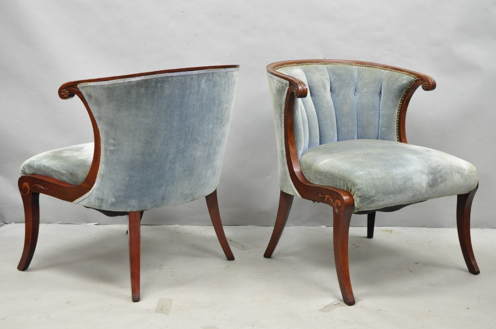 Vintage French Hollywood Regency Mahogany Saber Leg Parlor Lounge Chair - a Pair