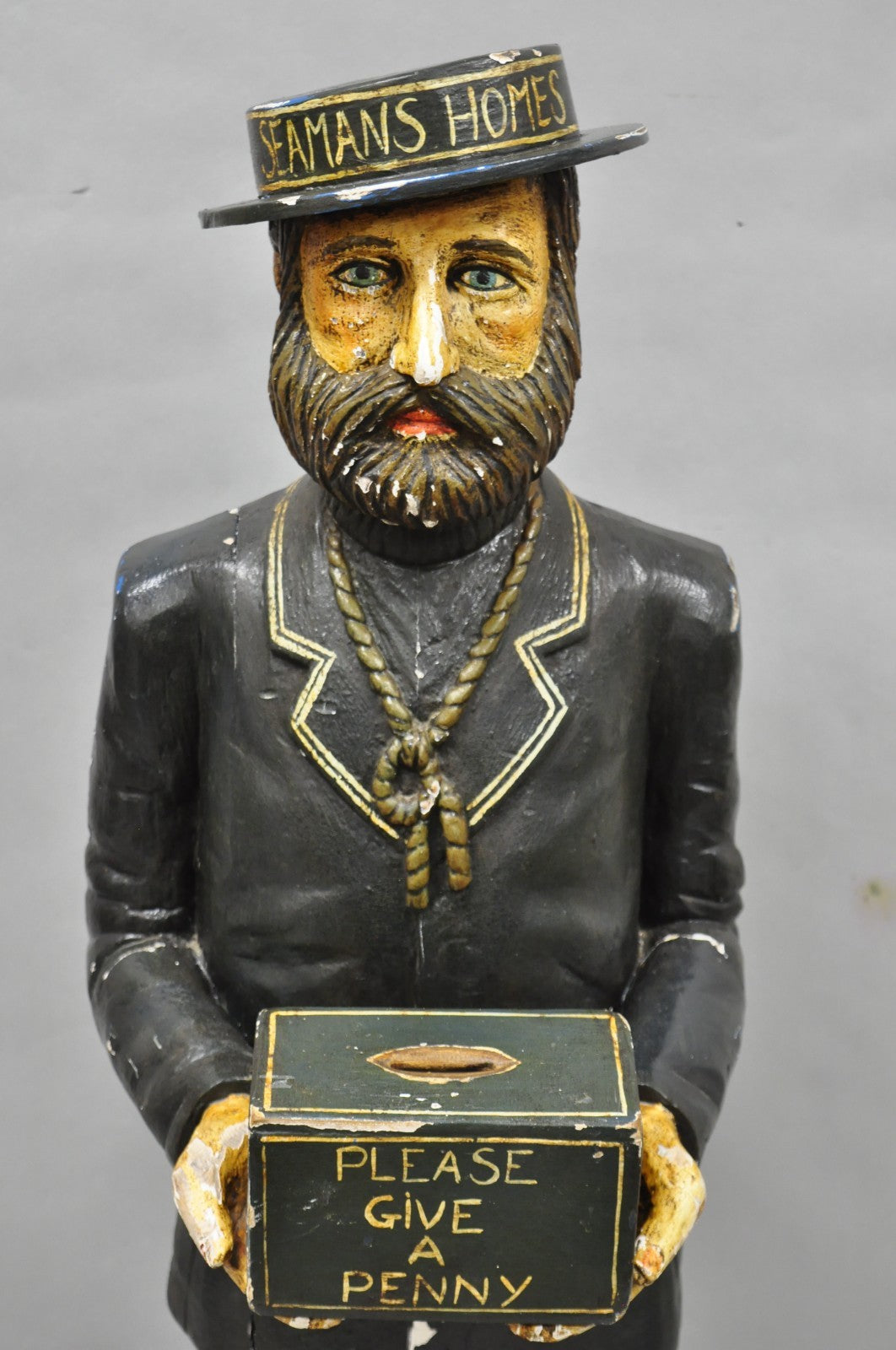 54" Tall Maritime Nautical Wood Peg Leg Seaman Bank Figure "Please Give a Penny"