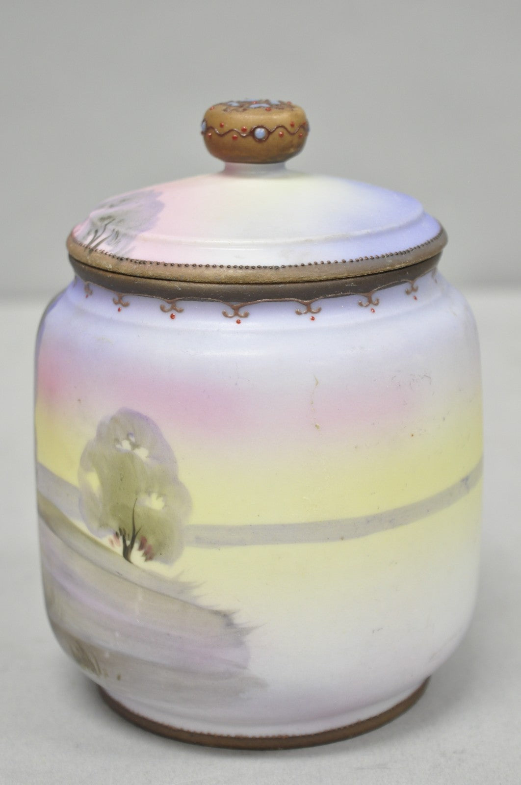 Antique Nippon Hand Painted Porcelain Countryside Lake Scene Covered Biscuit Jar