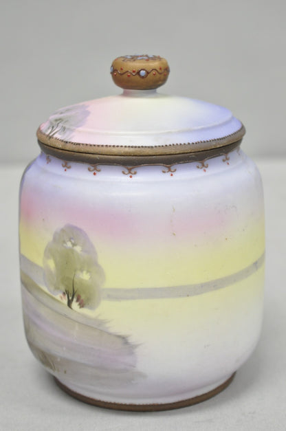 Antique Nippon Hand Painted Porcelain Countryside Lake Scene Covered Biscuit Jar