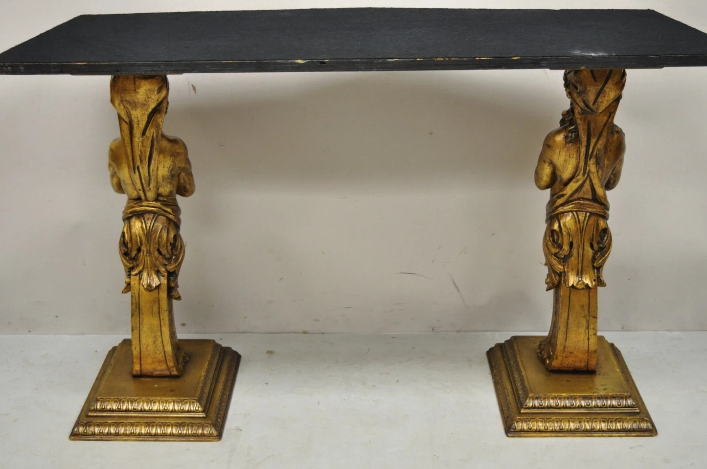 Vintage French Renaissance Victorian Style Gold Figural Marble Top Console Table