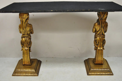 Vintage French Renaissance Victorian Style Gold Figural Marble Top Console Table