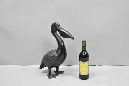 Vintage Japanese Cast Iron Black 17" Pelican Bird Garden Statue Sculpture