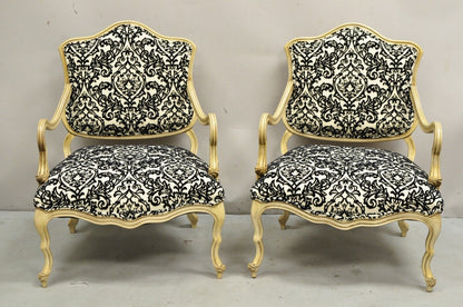 Hollywood Regency Carved Wood Low Cream Painted Damask Boudoir Chairs - a Pair