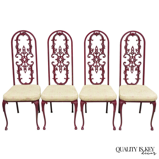 Vintage Hollywood Regency Victorian Style Red Cast Metal Dining Chairs Set of 4