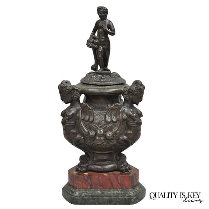 Antique Italian Renaissance Bronze Covered Figural Inkwell on Marble Base