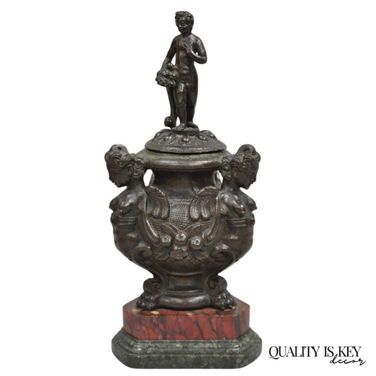 Antique Italian Renaissance Bronze Covered Figural Inkwell on Marble Base