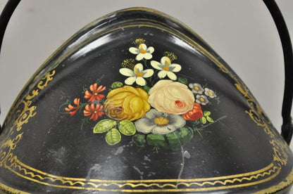 Antique Victorian Black Steel Hand Painted Flower Tole Metal Coal Scuttle Bucket