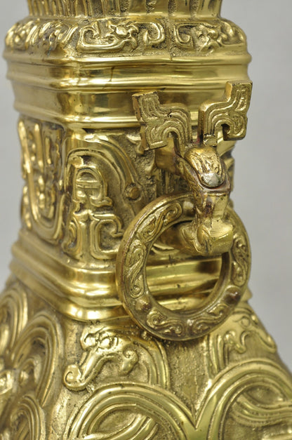 Vintage Chinese Figural Brass Bronze Wine Vessel Chinoiserie Hu Vase Table Lamp