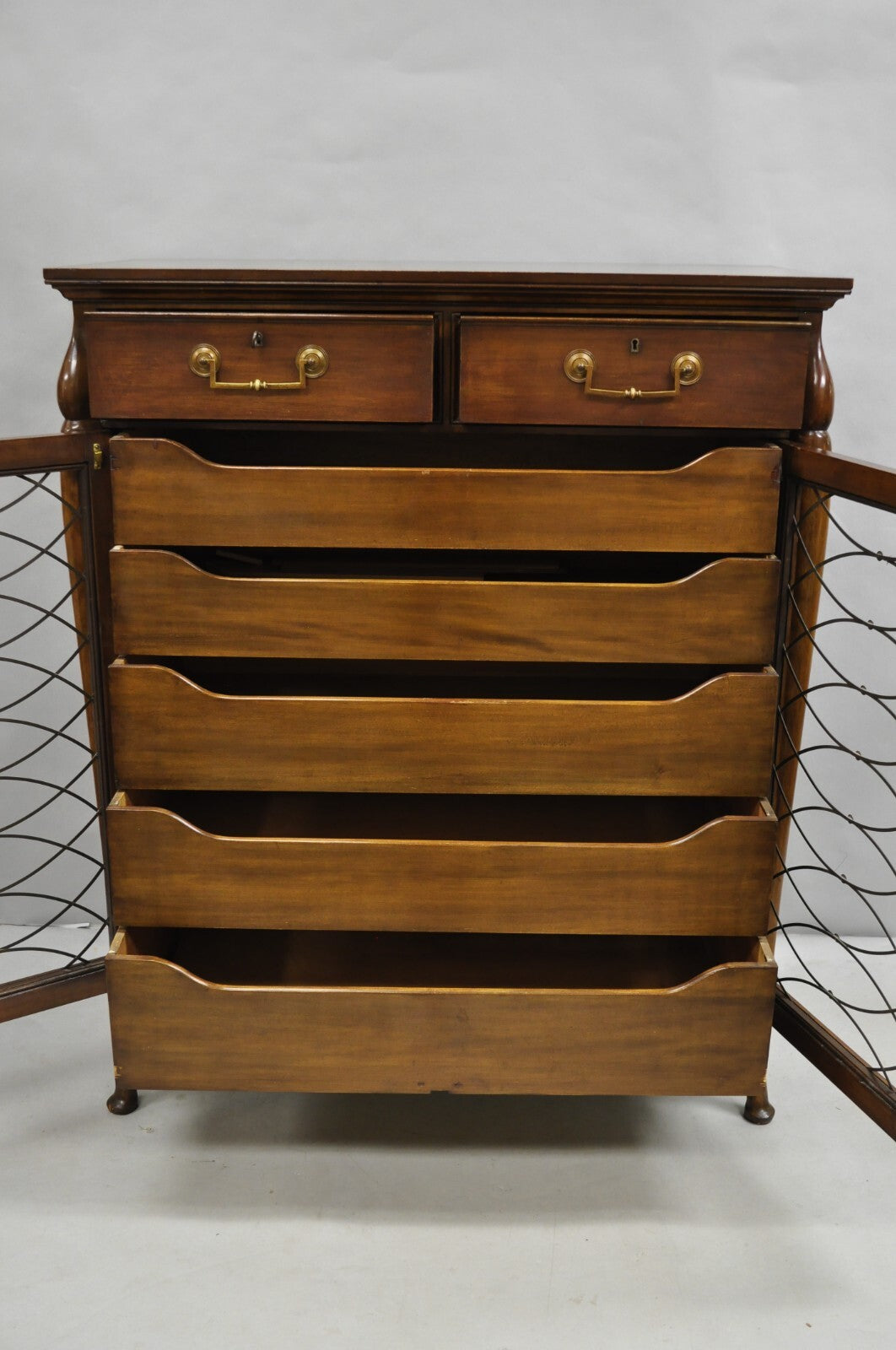 Vintage French Hollywood Regency Custom Walnut Tall Chest Highboy Dresser