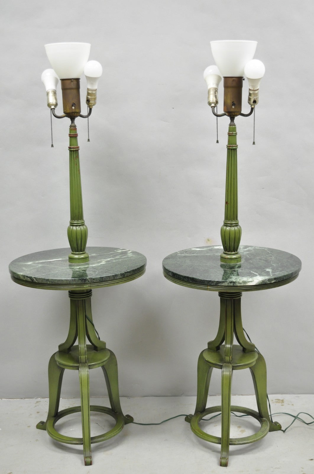 Hollywood Regency Tommi Parzinger Style Green Marble End Table Floor Lamp - Pair