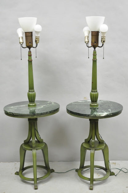Hollywood Regency Tommi Parzinger Style Green Marble End Table Floor Lamp - Pair