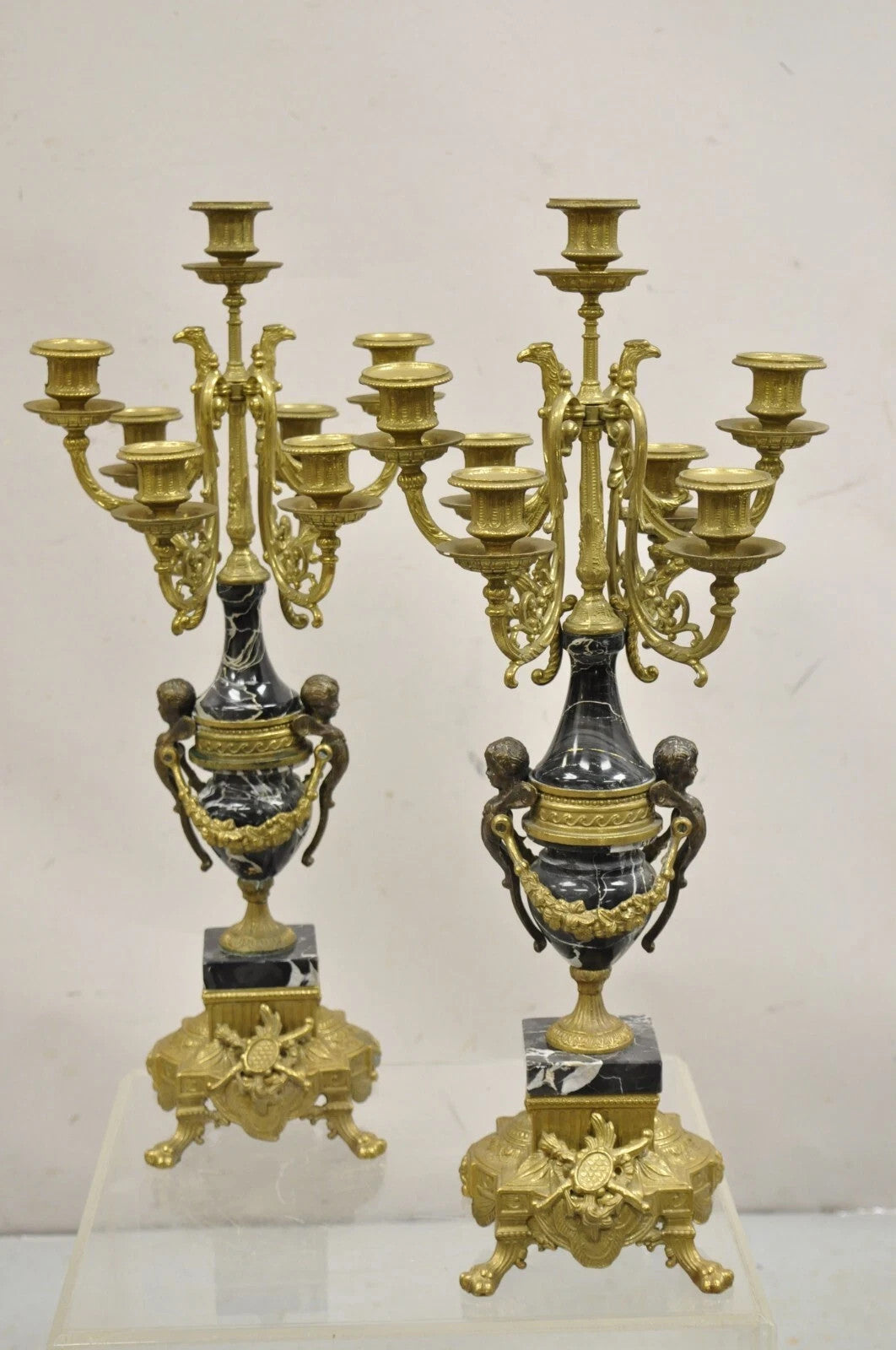 Vintage French Louis XV Style Brevettato Italy Brass & Marble Figural Clock Set