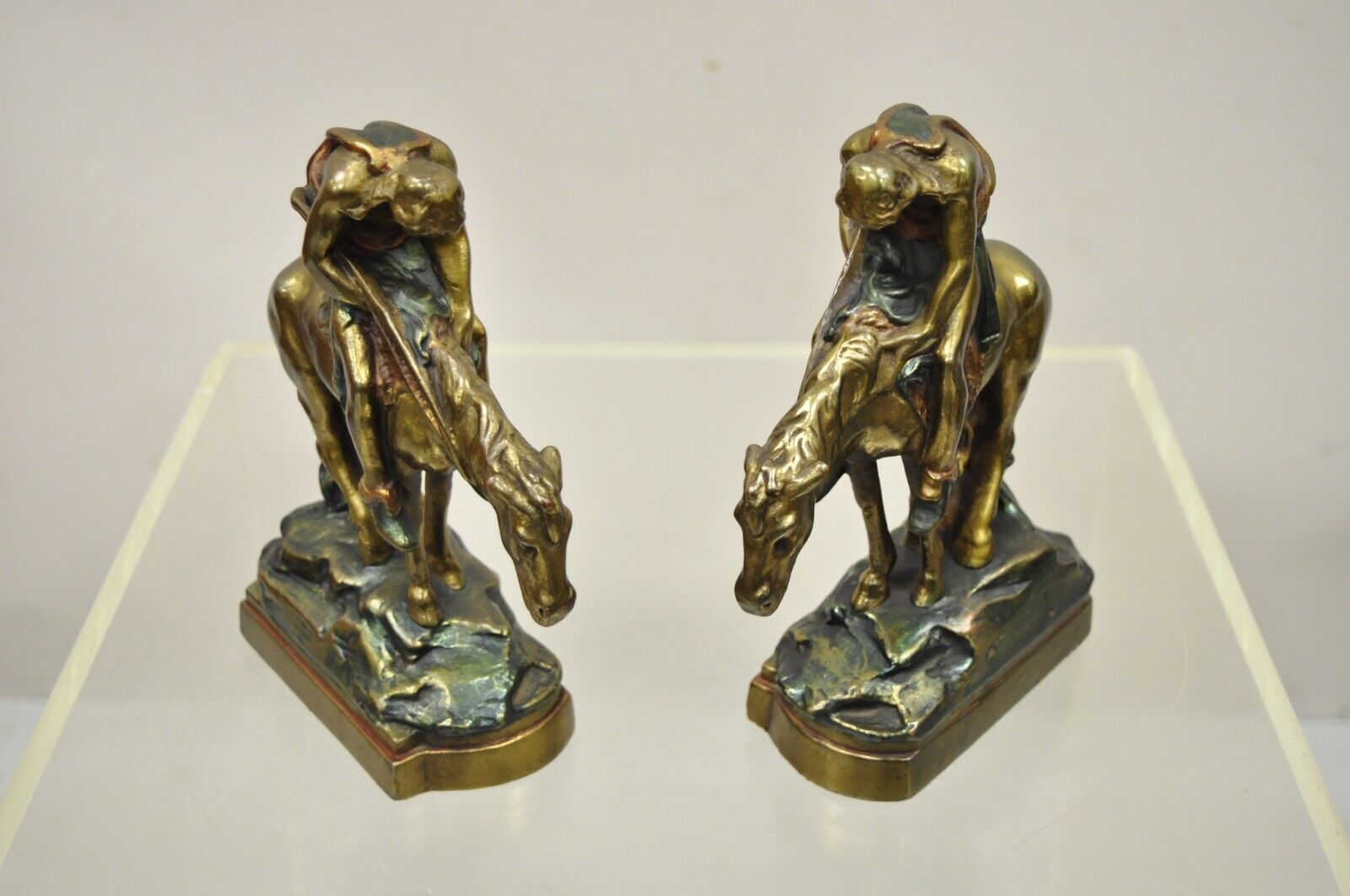 Vintage Bronze Clad 8" End of Trail Indian on Horse Figure Bookends - a Pair