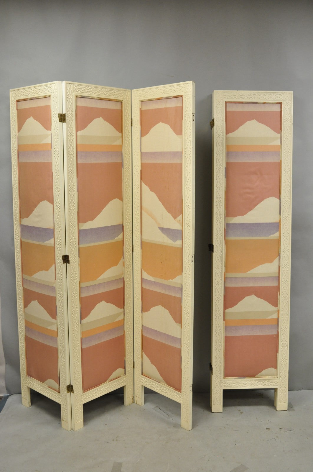 Vintage Oriental Fretwork Bone Lacquer Upholstered 6 Panel Room Divider Screen