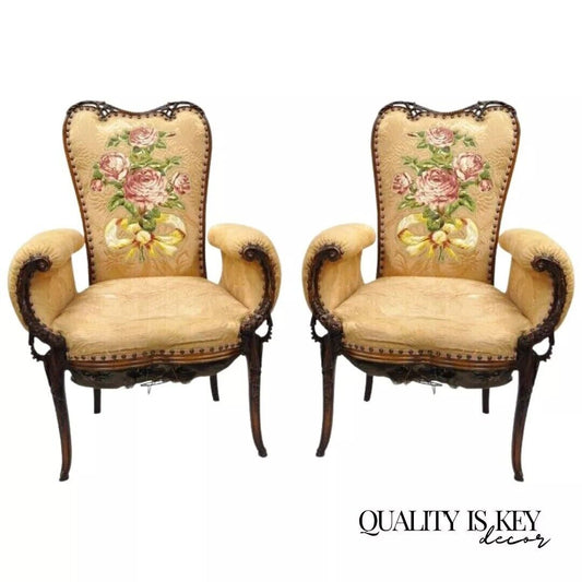 Vintage Grosfeld House French Hollywood Regency Mahogany Fireside Chairs - Pair