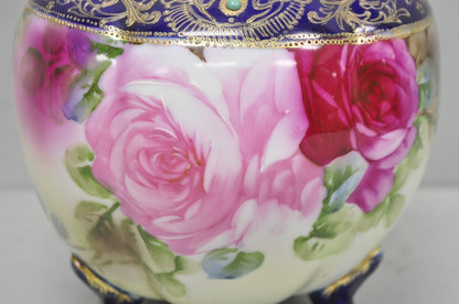 Antique Nippon Hand Painted Moriage Pink Rose Porcelain Biscuit Jar Vase