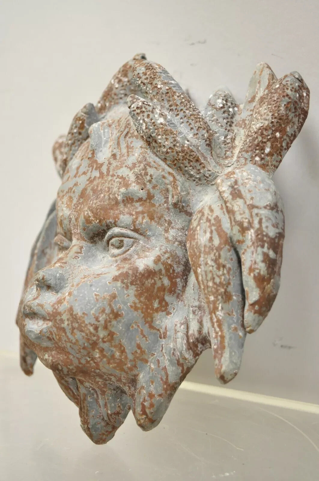 Antique French Neoclassical Small Lead Cherub Head Wall Fountain Garden Art