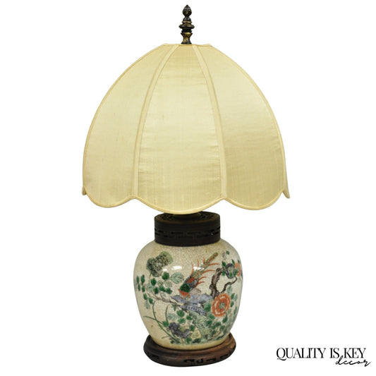 Antique Oriental Porcelain Bulbous Vase Bird Painted Table Lamp w/ Shade