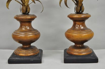 Vintage Italian Hollywood Regency Gold Gilt Iron Flower Bouquet Table Lamps Pair