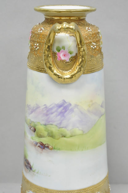 Antique Nippon Hand Painted Lake Scene Art Nouveau Twin Handle Porcelain Vase