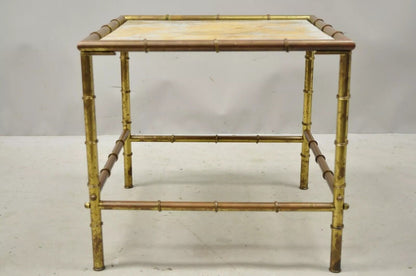 Italian Hollywood Regency Faux Bamboo Brass Tole Metal Low Square Side Table