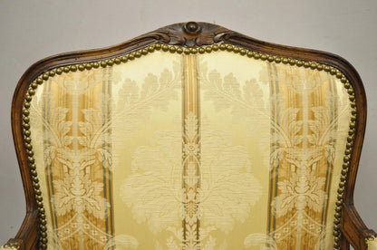Vintage French Country Louis XV Style Carved Walnut Lounge Arm Chairs - a Pair