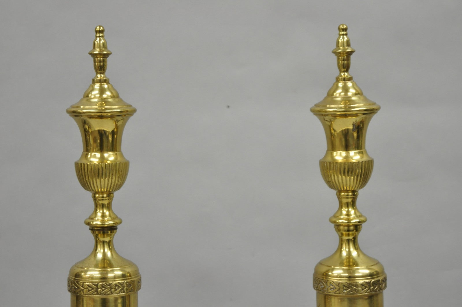 Antique French Empire Style Brass Paw Foot Column Cast Iron Andirons - a Pair