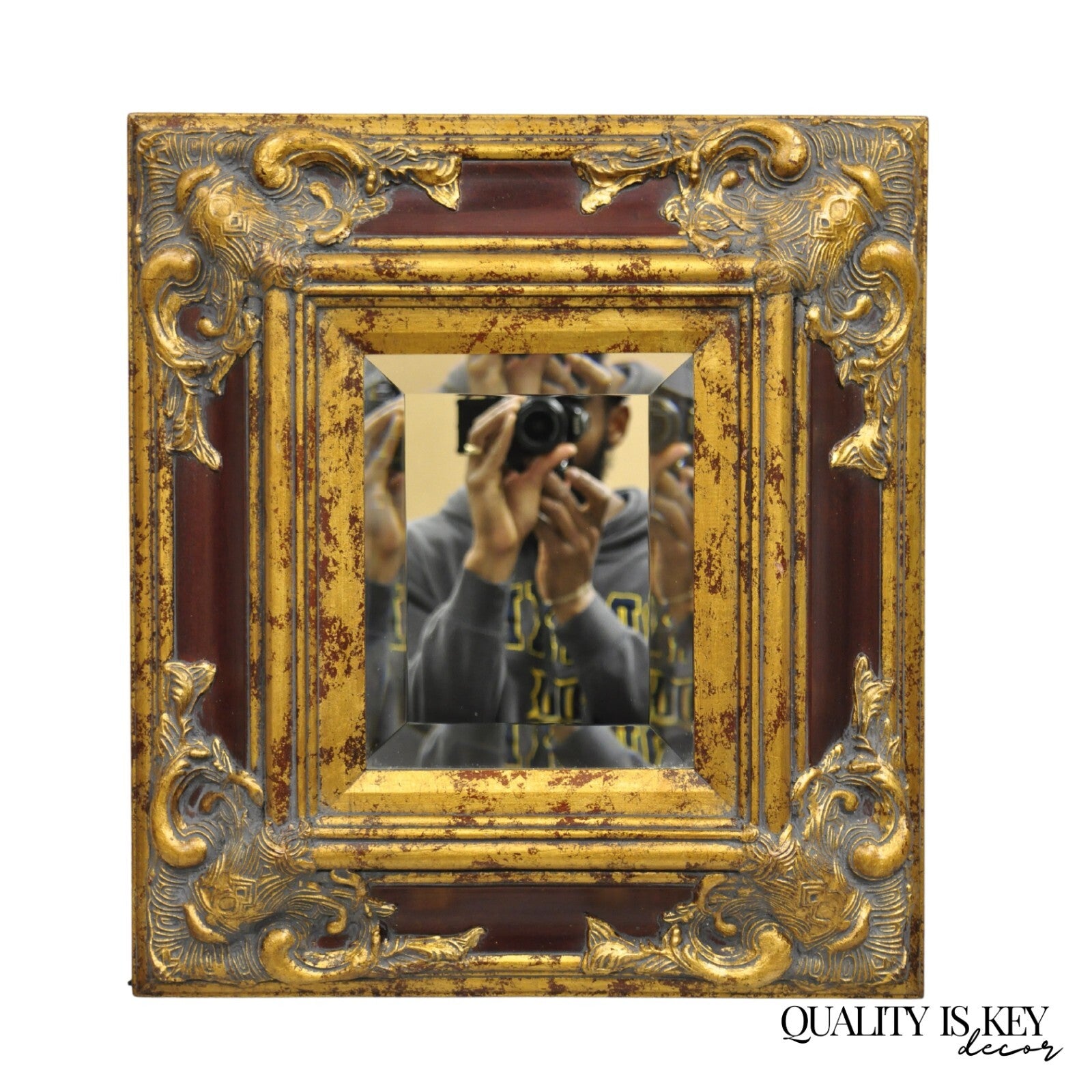 Decorator Repro 21x18 French Baroque Style Deep Red Gold Gesso Wall Mirror