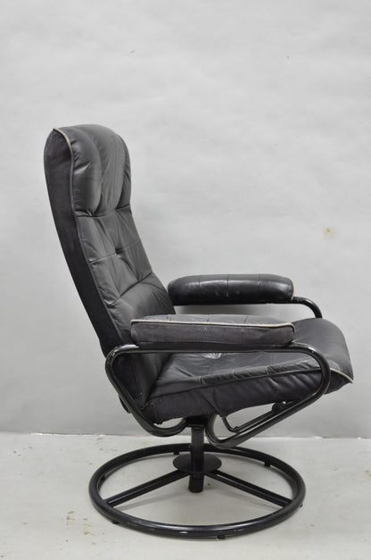Vintage Black Leather Ekornes Stressless Style Swivel Recliner Lounge Chair