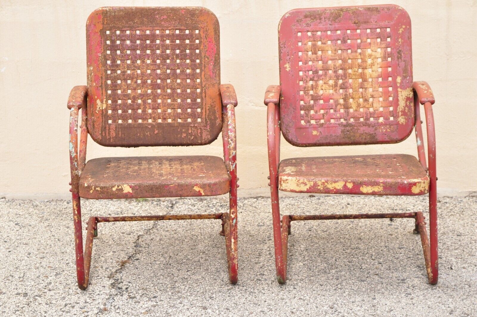 Antique Art Deco Basketweave Red Distress Paint Bouncer Garden Chairs - a Pair