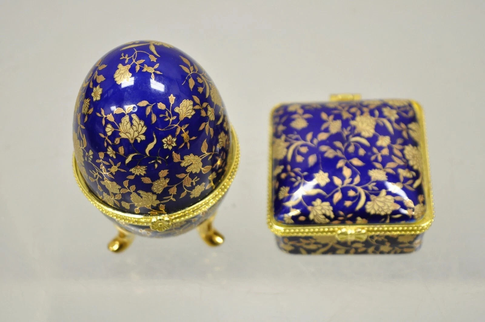 Vintage Cobalt Blue Porcelain Egg Gold Gilt Hinged Lid Candle Trinket Box - 2 Pc