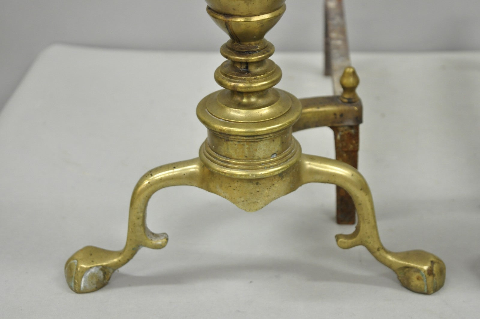 Antique English Victorian Brass Cannonball Ball and Claw Fireplace Andirons Pair
