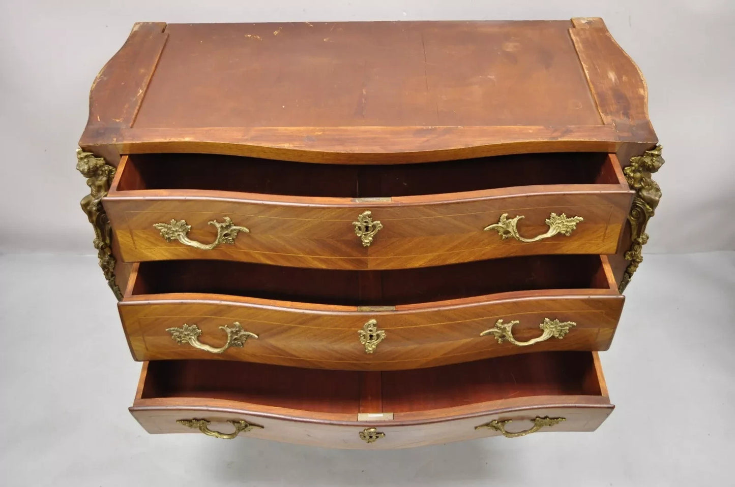 Vintage French Louis XV Style Bombe Commode Dresser Chest of Drawers w/ Cherubs