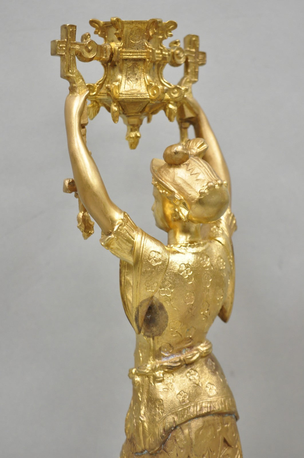 Antique Orientalist Gold Gilt Bronze Figural Male and Female Candlesticks - Pair