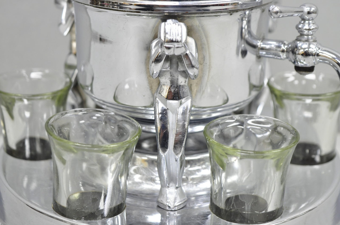 Vintage Art Deco Figural Chrome Metal Barware Samovar Decanter w/ Shot Glasses
