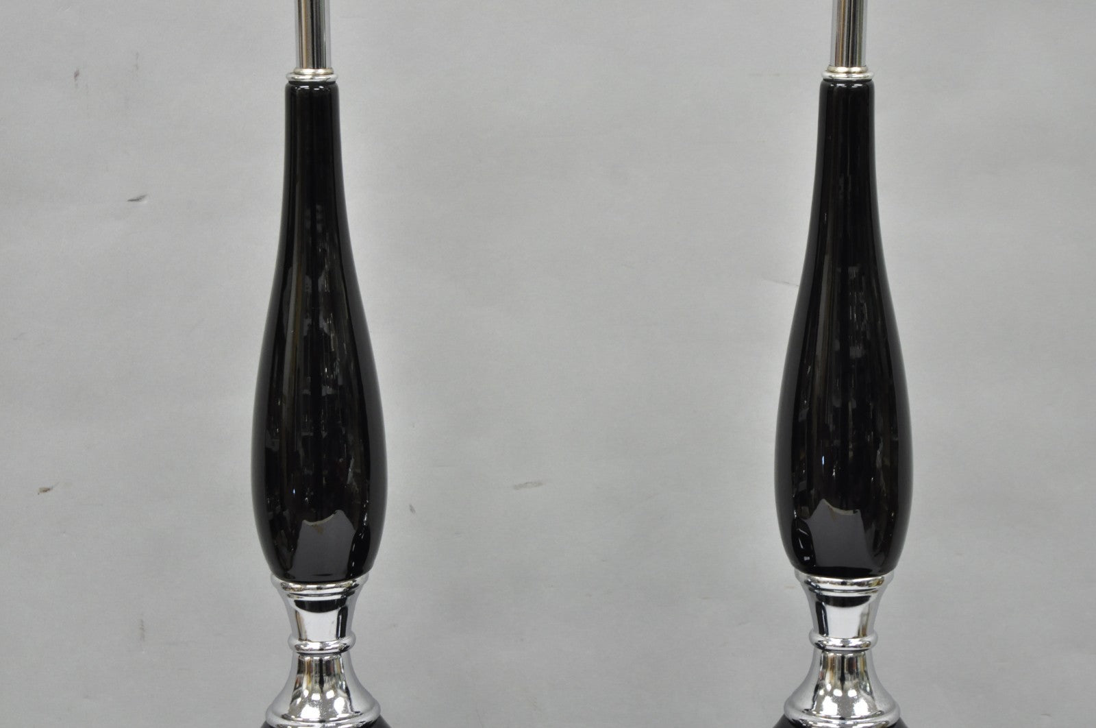 Vintage Mid Century Modern Black Glazed Ceramic & Chrome Table Lamps - a Pair