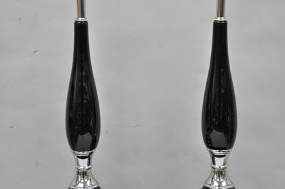 Vintage Mid Century Modern Black Glazed Ceramic & Chrome Table Lamps - a Pair
