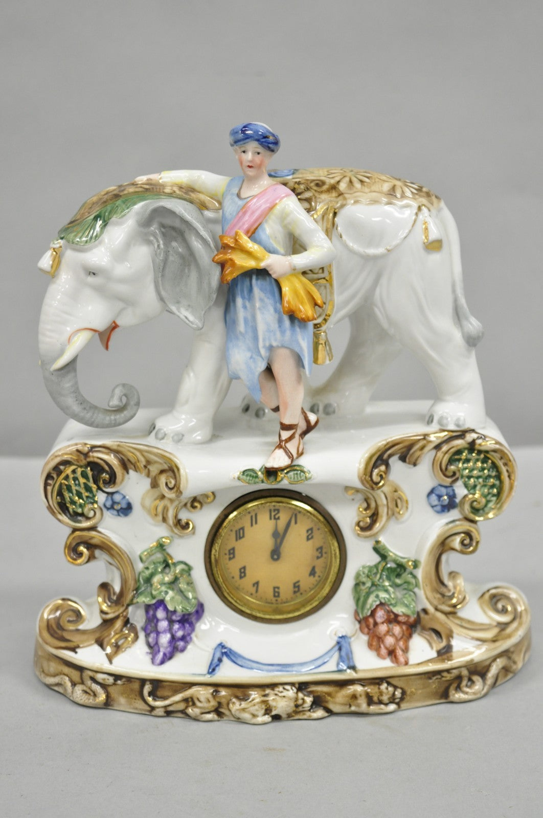 Vintage Roman Classical German Porcelain Figural Elephant & Soldier Mantel Clock