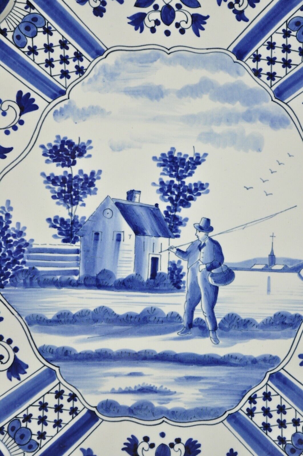 Vintage Blue White Porcelain Delf Style Italian Fisherman Wall Art Charger Plate