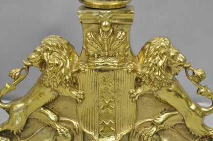 French Empire Renaissance Brass Lion Coat of Arms Cannonball Andirons - a Pair