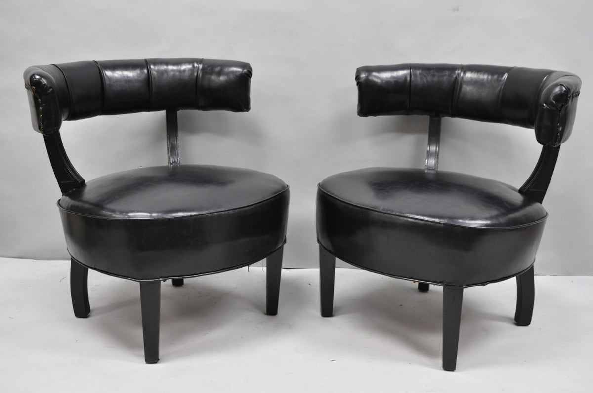 Vintage Mid Century Modern Low Black Barrel Back Lounge Club Chairs - a Pair